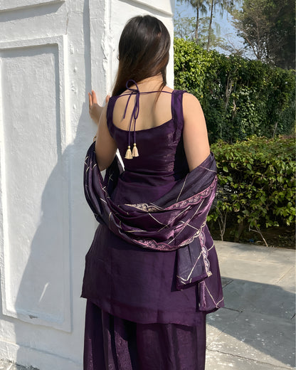 Royal Deep Purple Fendy Silk Sharara Set with with Attached Sleeves