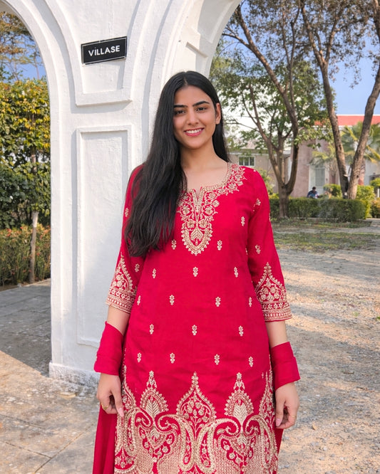 Royal Rose Red Silk Blend Paisley Sharara Set