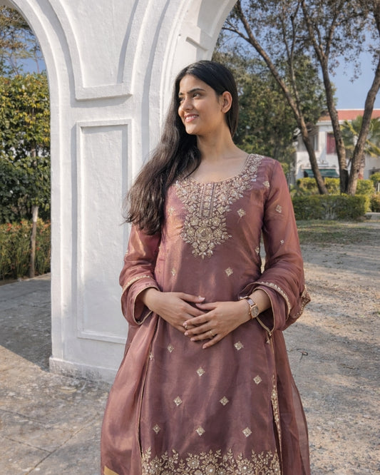 Metallic Rose Tissue Silk 3-Piece Festive Suit