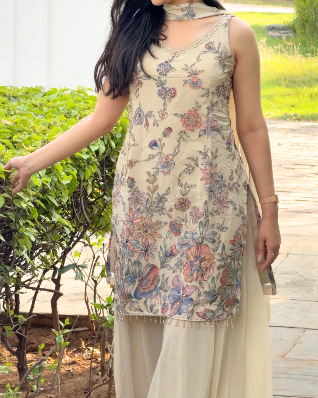 Cream Pearl Sharara Set