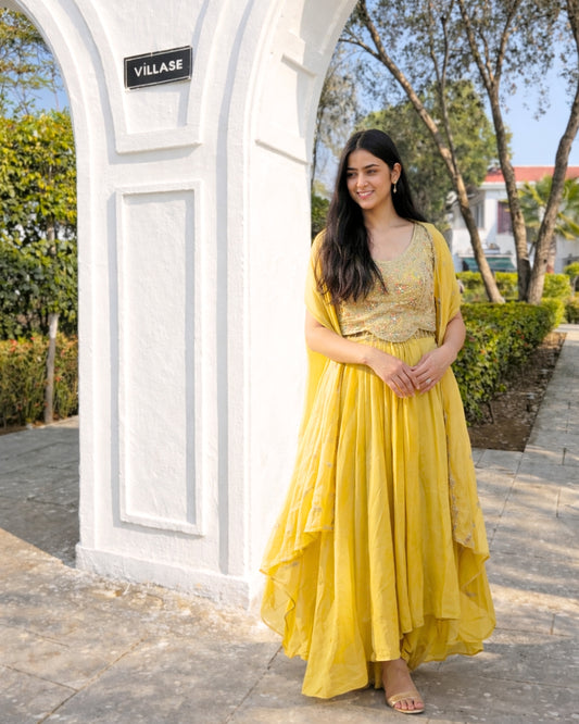 Luxe Mustard 3-Piece Shrug Set with Scalloped Crop Top