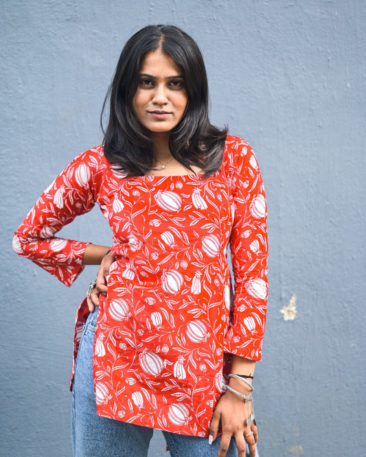 MASAKALI COTTON RED FLORAL KURTI – TIE-UP BACK