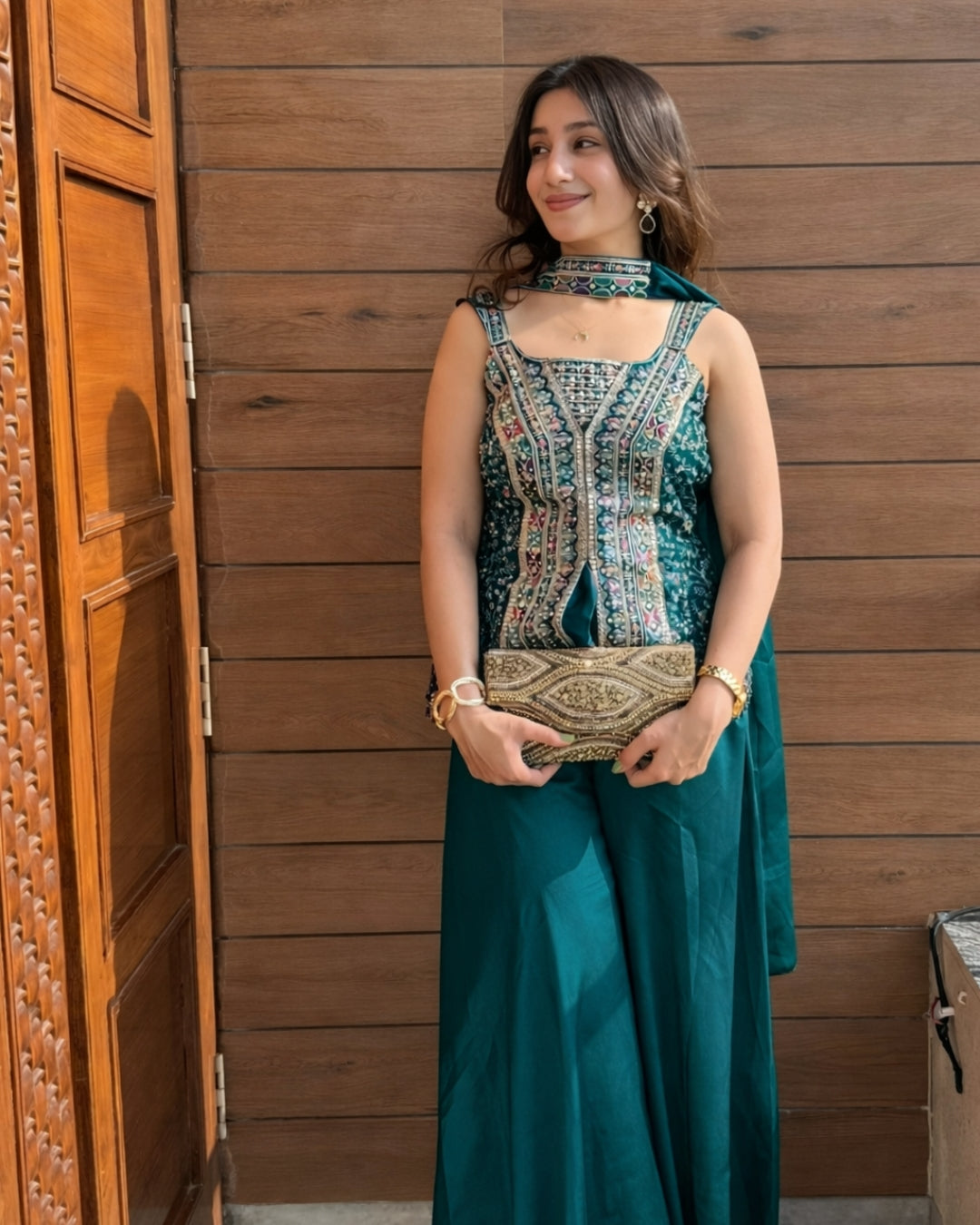 Teal Blue Fendy Silk Sharara Set with Scalloped Mirror Work