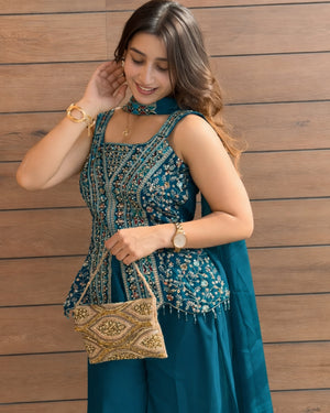 Teal Blue Fendy Silk Sharara Set with Scalloped Mirror Work