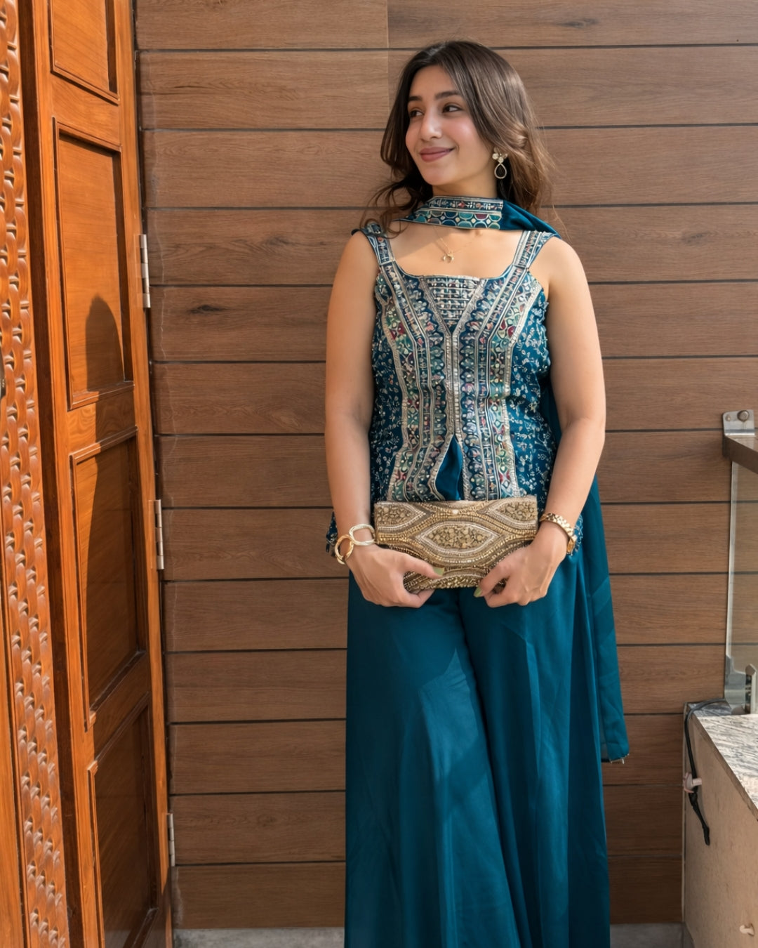 Teal Silk Sharara Set