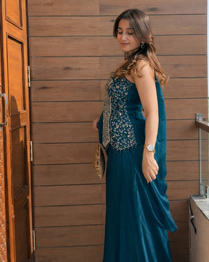 Teal Blue Fendy Silk Sharara Set with Scalloped Mirror Work