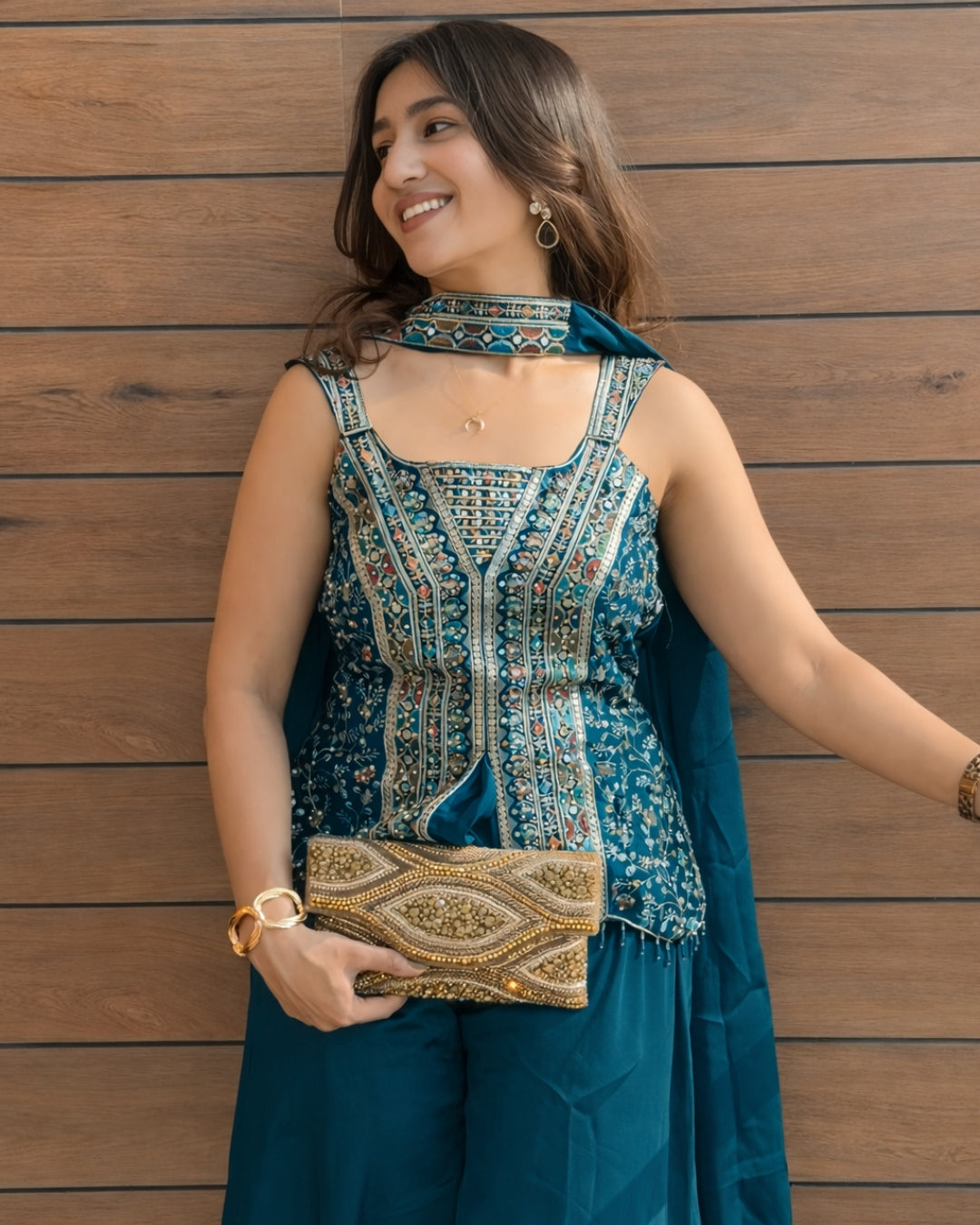 Teal Blue Fendy Silk Sharara Set with Scalloped Mirror Work