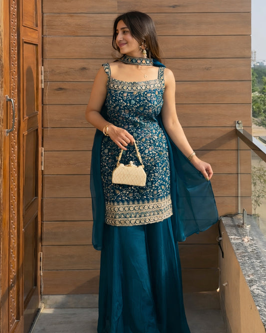 Deep Teal Blue Fendy Silk Sharara Set with Floral Zari Jaal