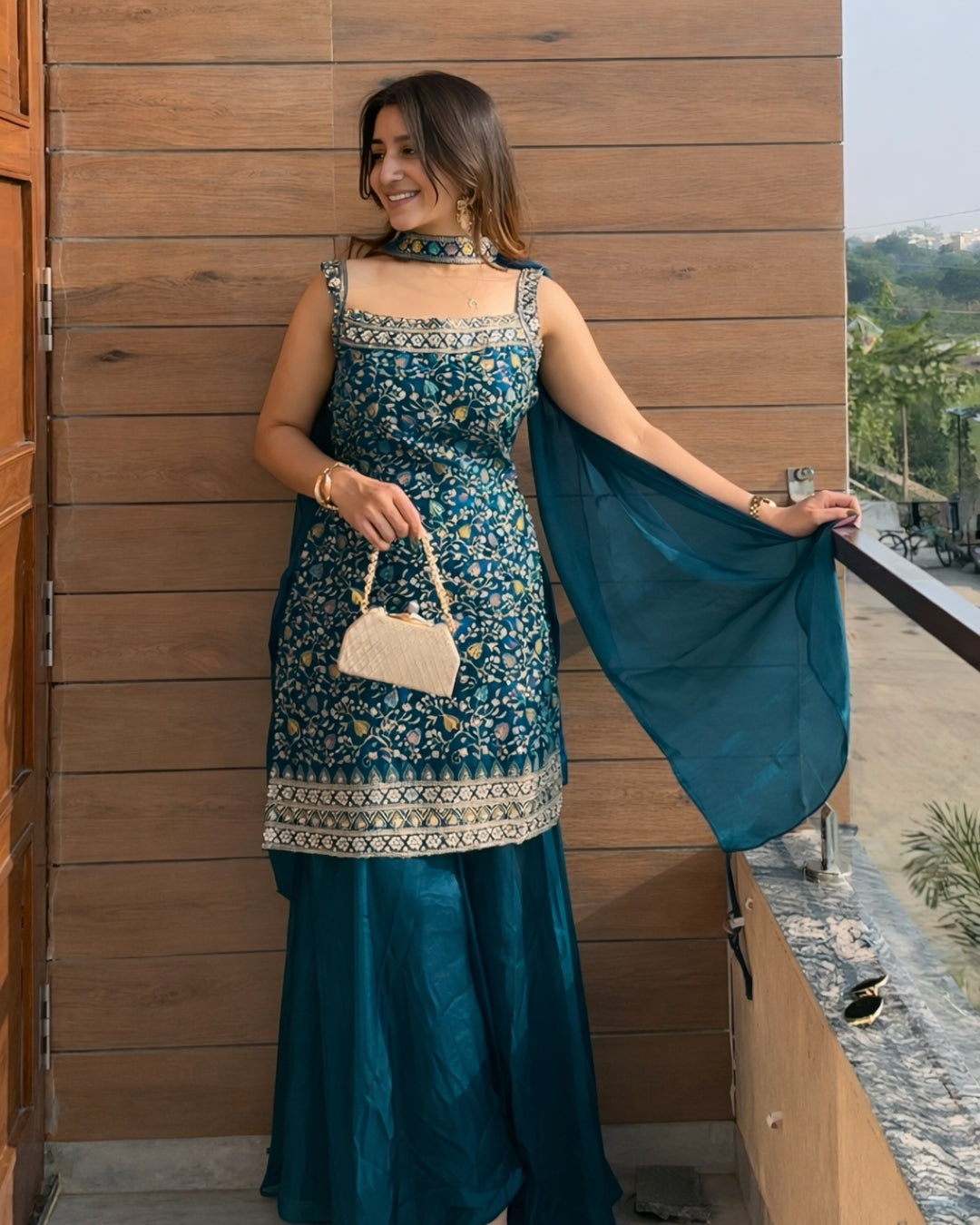 Teal Zari Sharara Set