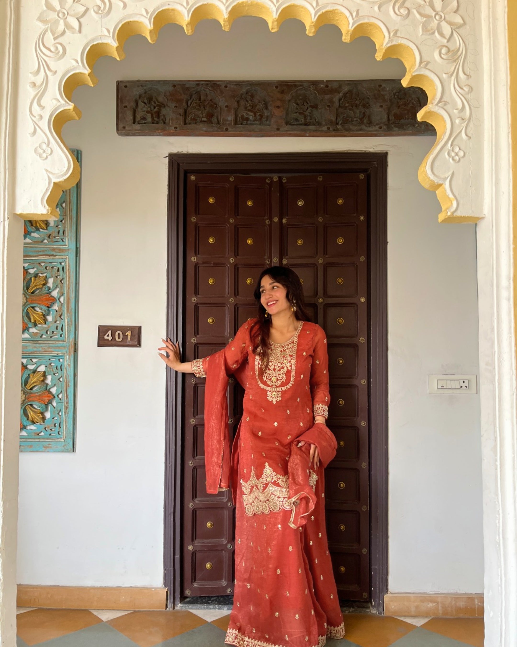 Rust Red Zari Work Embroidered Kurta Set