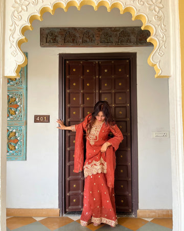 Rust Red Zari Work Embroidered Kurta Set