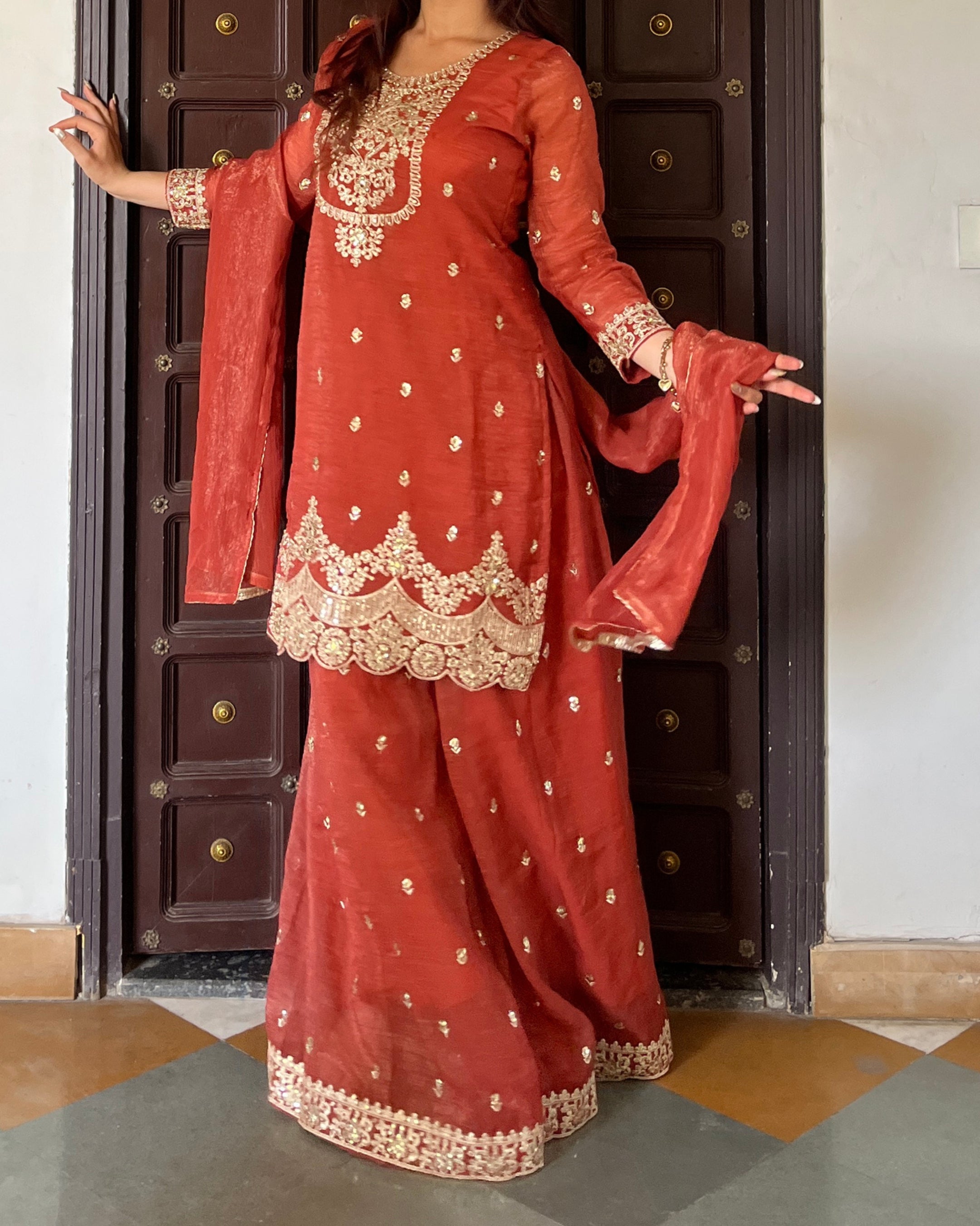 Rust Red Zari Work Embroidered Kurta Set