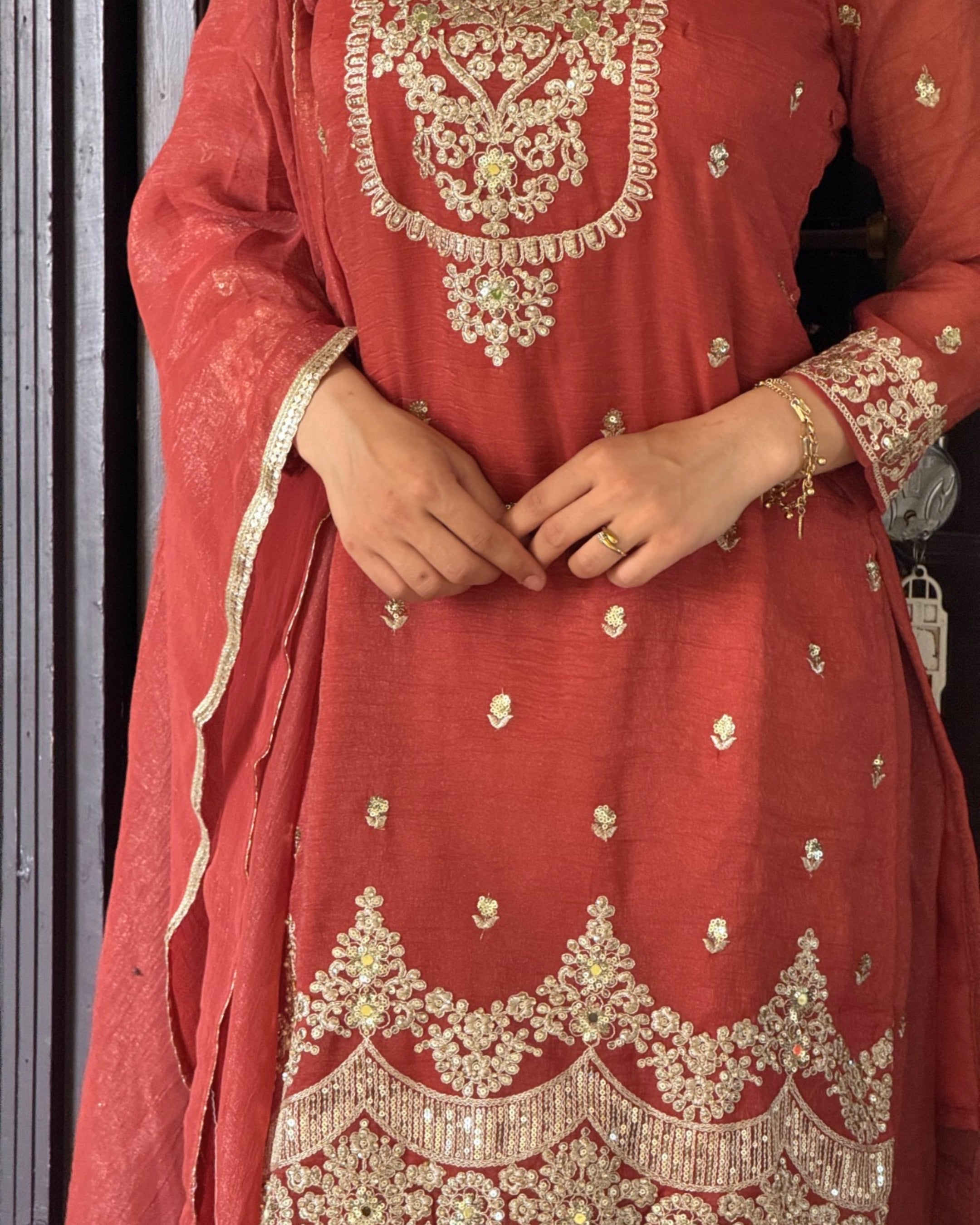 Rust Red Zari Work Embroidered Kurta Set