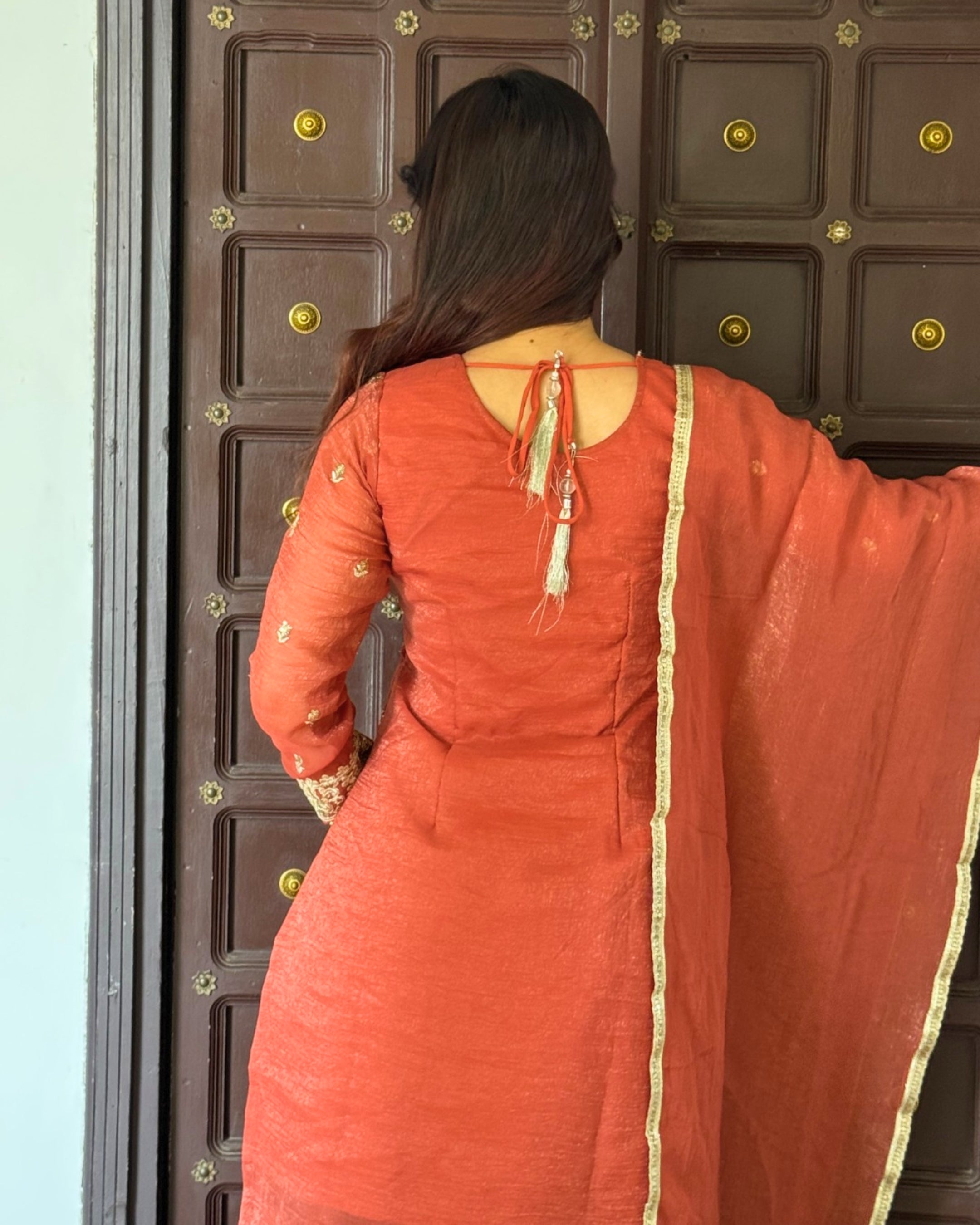 Rust Red Zari Work Embroidered Kurta Set