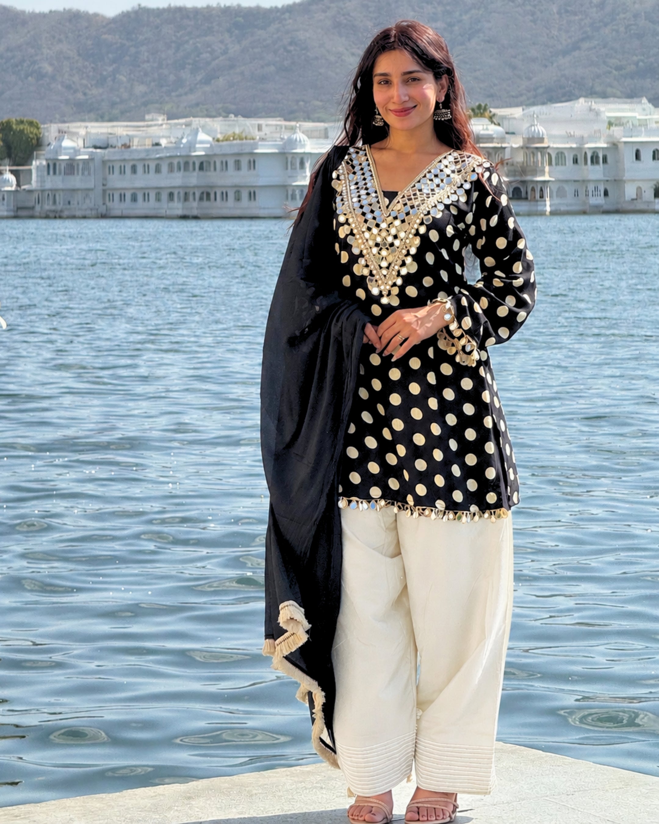 Black Polka Mirror Work Farsi Salwar Set