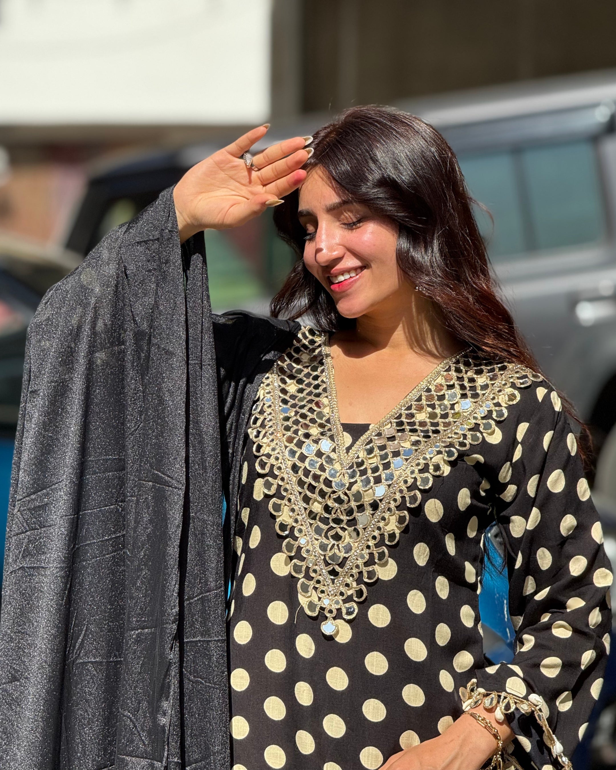 Black Polka Mirror Work Farsi Salwar Set
