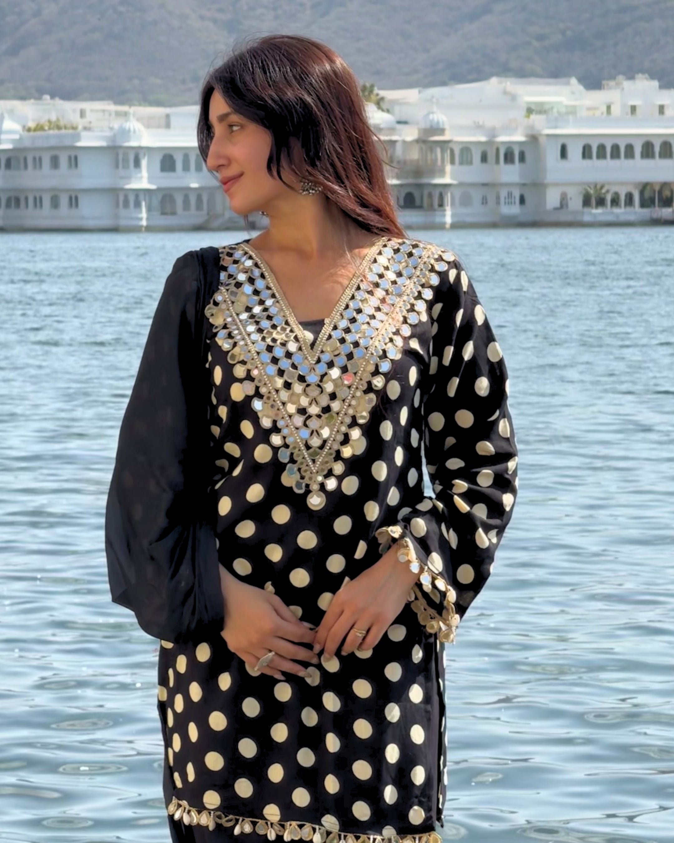 Black Polka Mirror Work Farsi Salwar Set