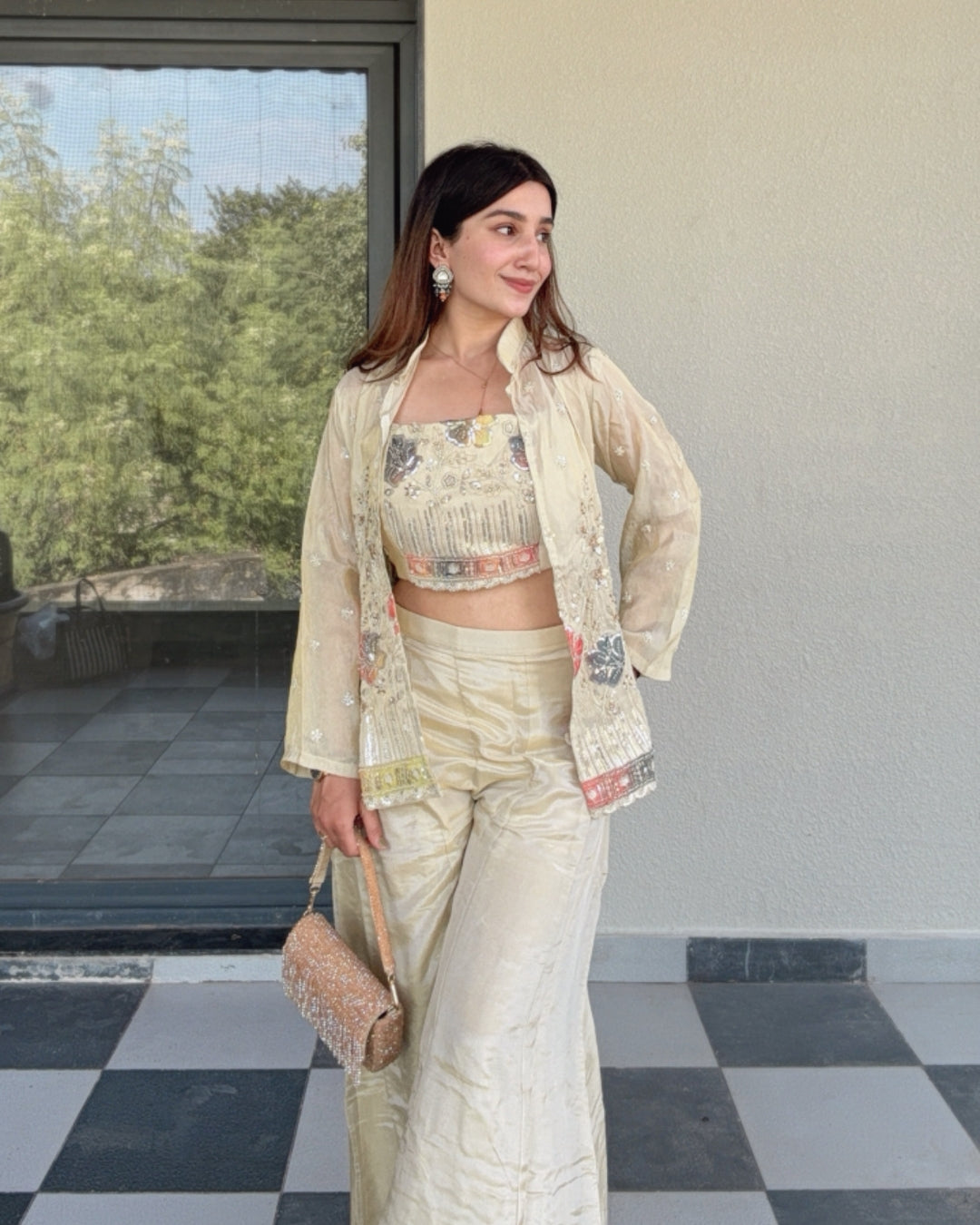 Light Gold Beadwork & Sequin Shrug Set