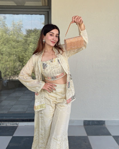 Light Gold Beadwork & Sequin Shrug Set