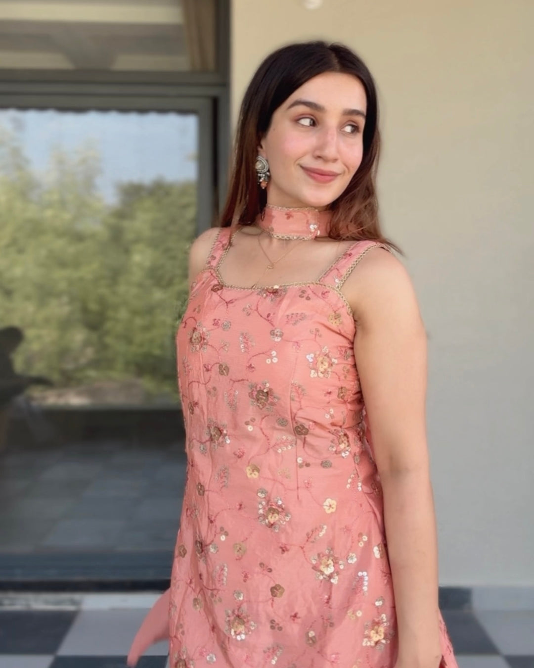 Peach Sequin Sharara Set