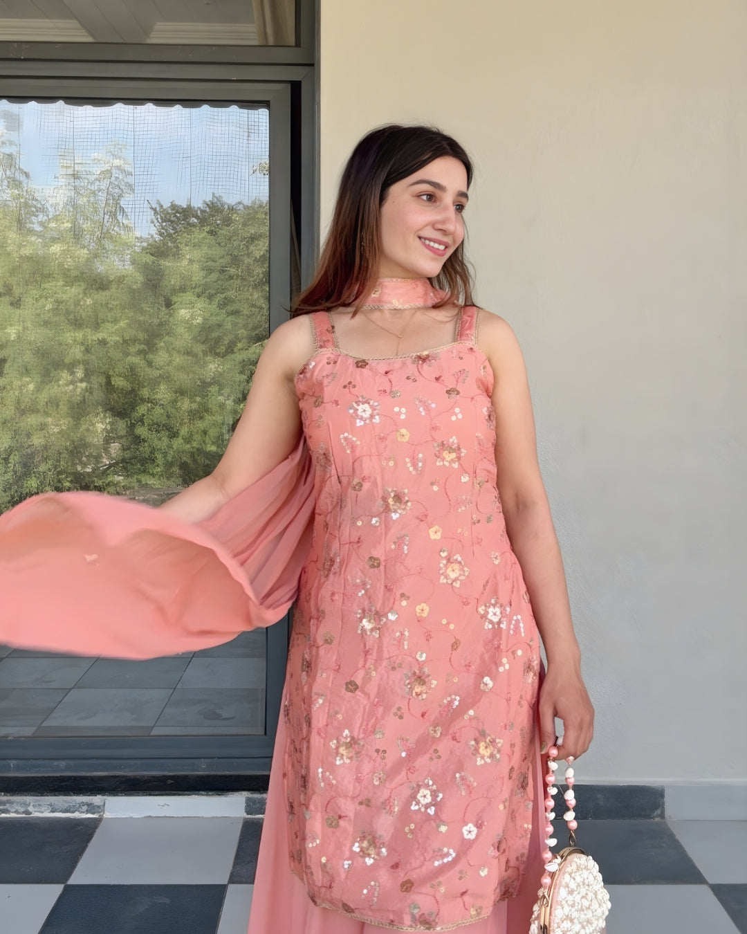 Peach Sequin Sharara Set