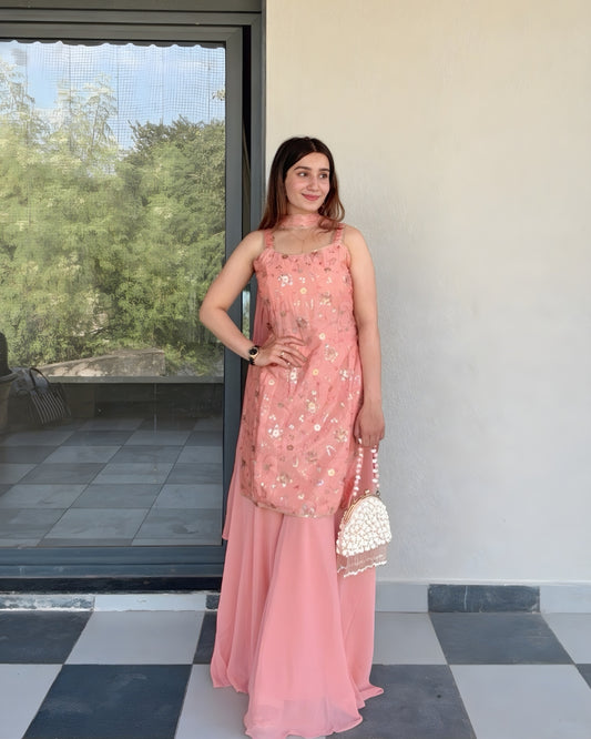 Peach Sequin Embroidered Sharara Suit Set