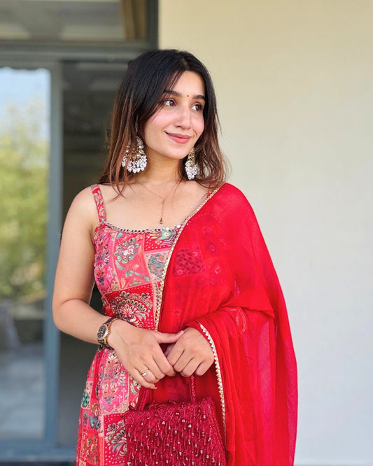 Vibrant Red Printed Kurta & Georgette Sharara Set