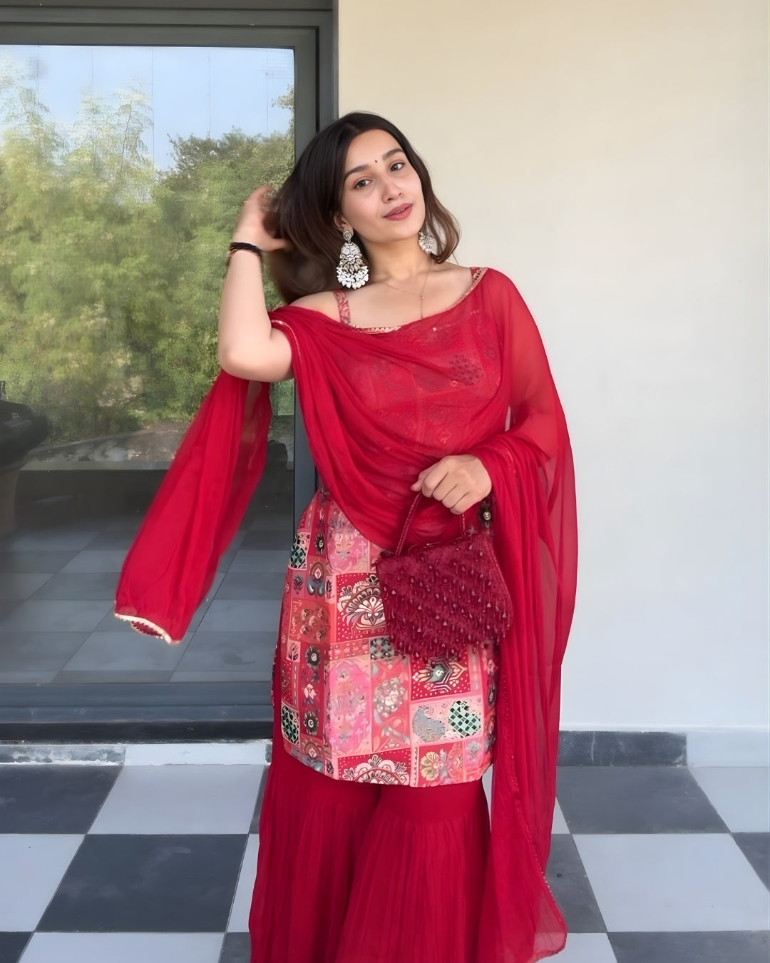 Red Georgette Sharara Set