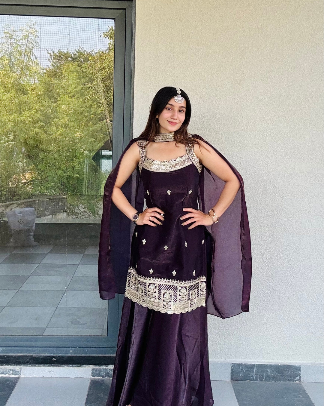 Luxurious Deep Purple Sharara Suit with Sequin Work