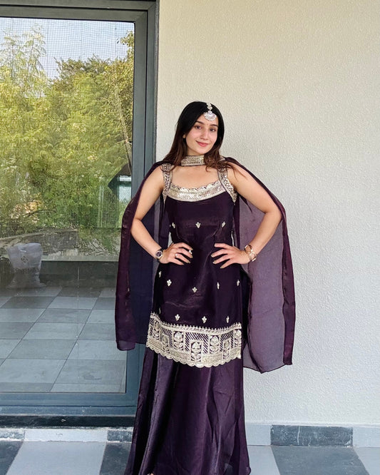 Luxurious Deep Purple Sharara Suit with Sequin Work