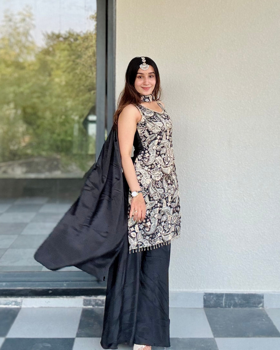 Monochrome Motif Print Sharara Set with Neck Detailing