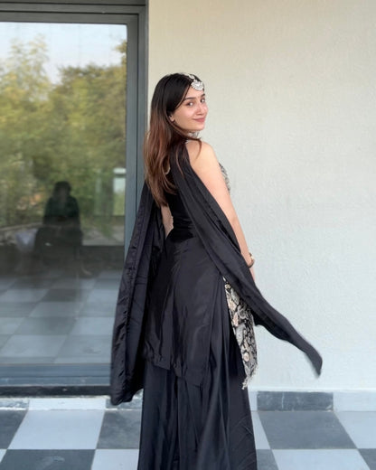 Monochrome Motif Print Sharara Set with Neck Detailing