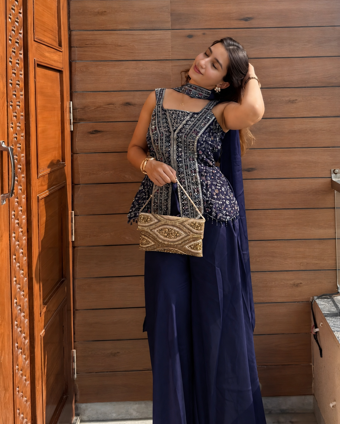 Navy Blue Peplum Sharara Set