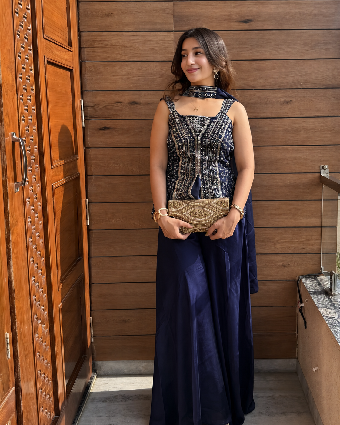Navy Blue Peplum Sharara Set