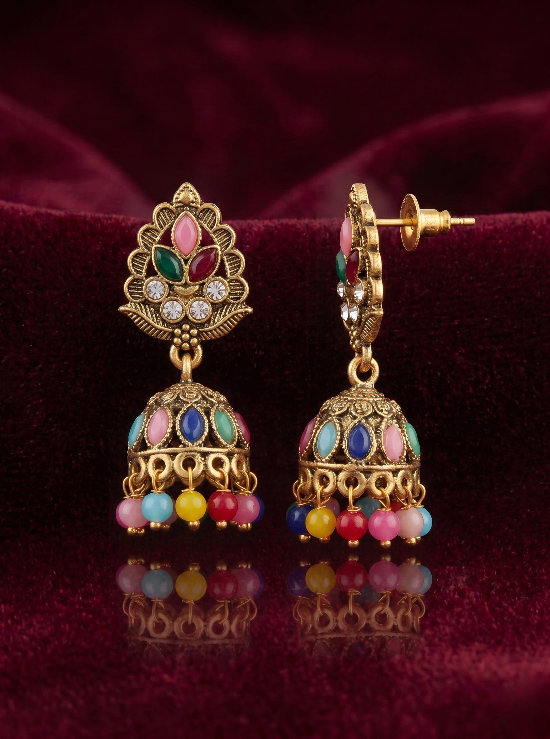 Multicolor Antique Gold-Tone Jhumka