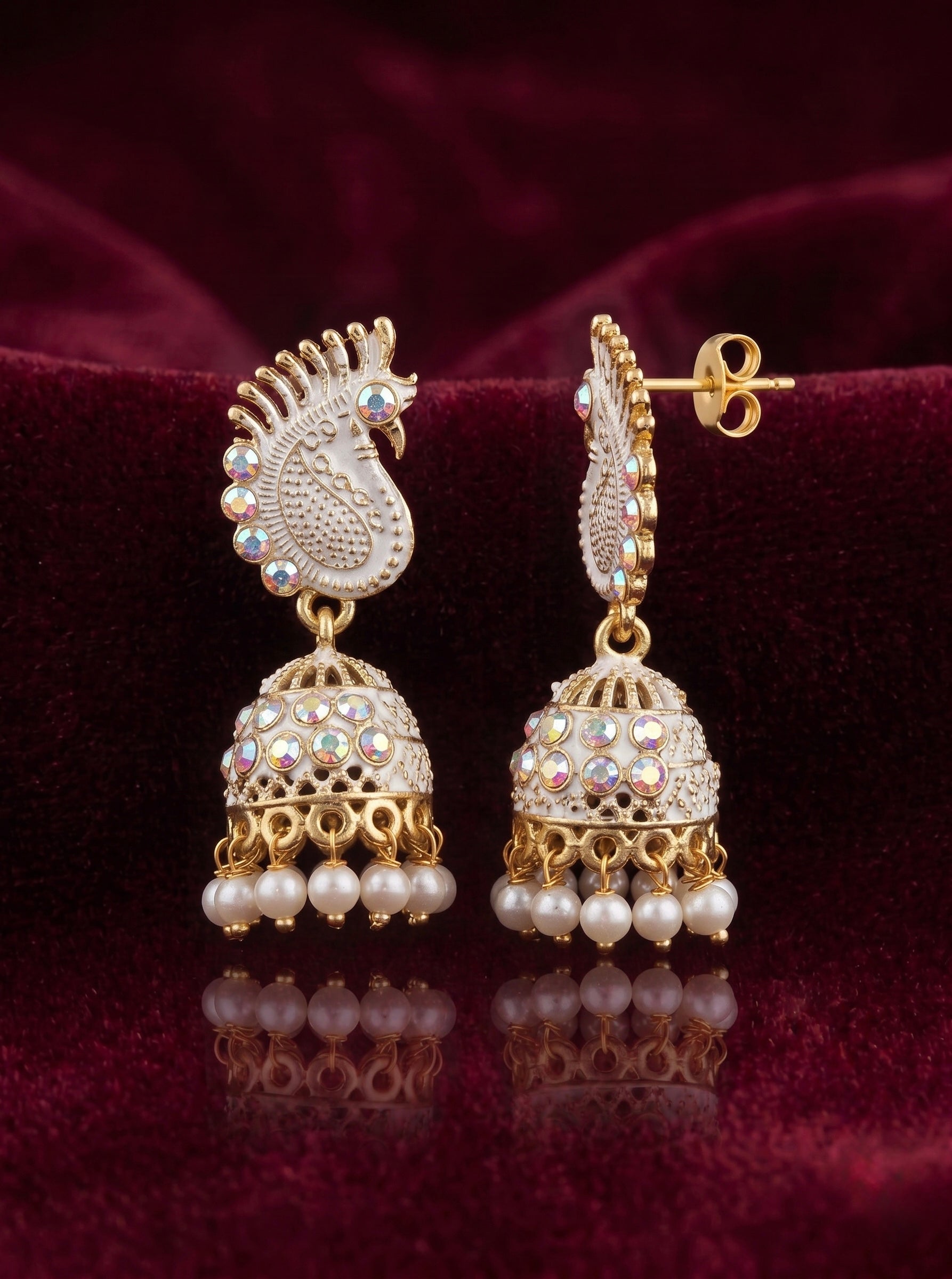 White Peacock Jhumka Earrings