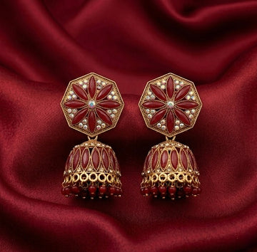 Red Hexagon Floral Jhumkas
