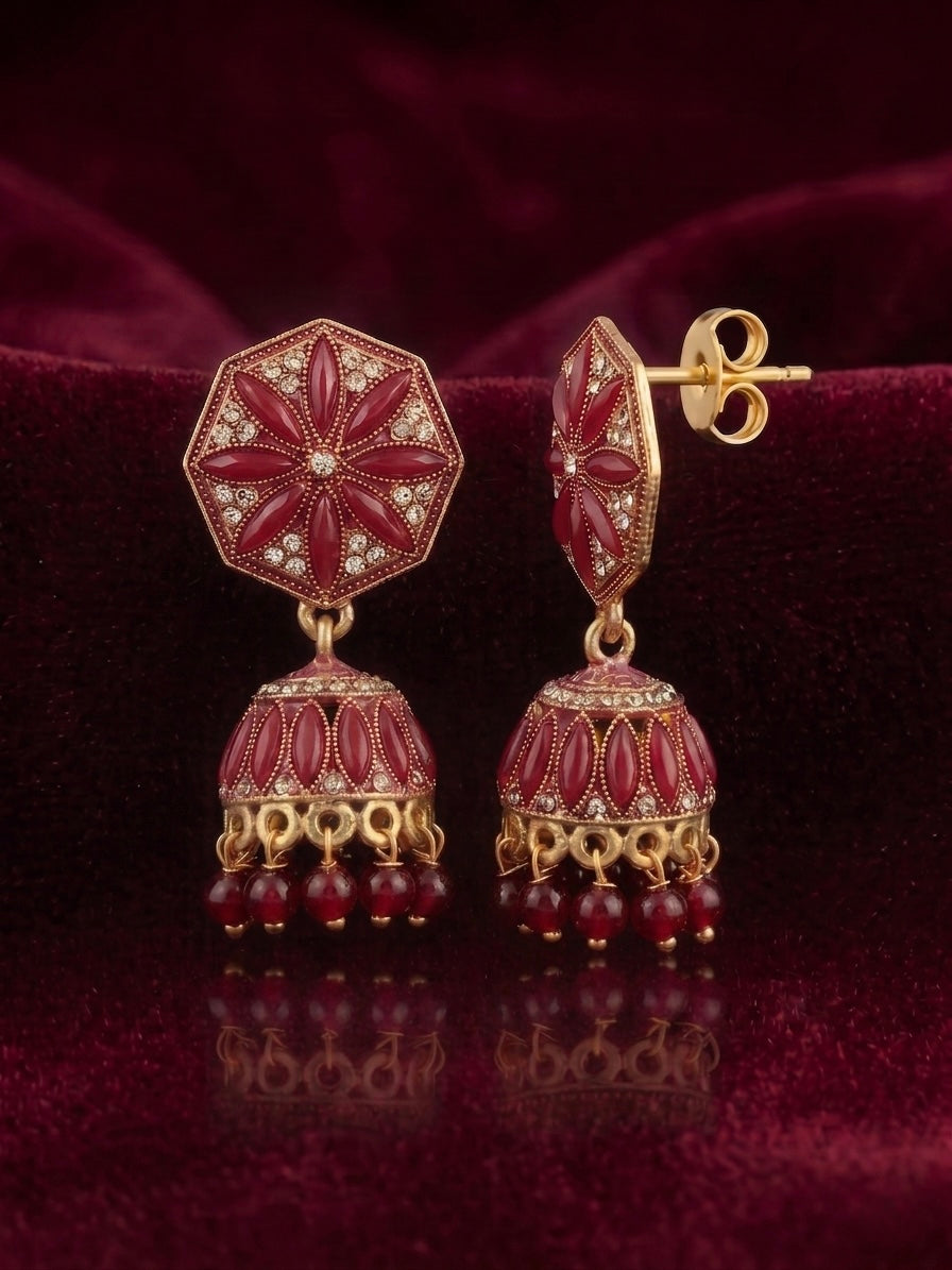 Red Hexagon Floral Jhumkas