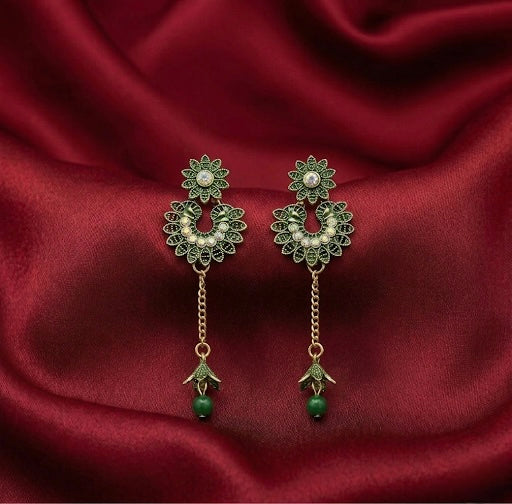 Green Floral Chain Earrings