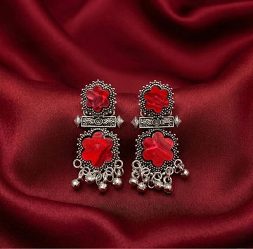 Red Floral Oxidized Silver Earrings