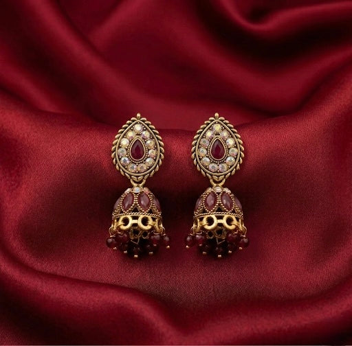 Maroon Teardrop Antique Jhumkas
