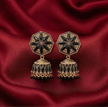 Black Octagon Floral Jhumkas