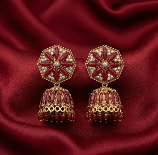 Maroon Octagon Floral Jhumkas