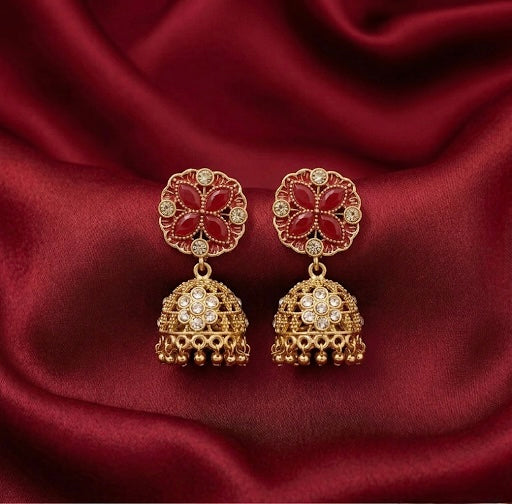 Traditional Red Stone Jhumkas