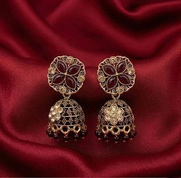 Traditional Maroon Stone Jhumkas
