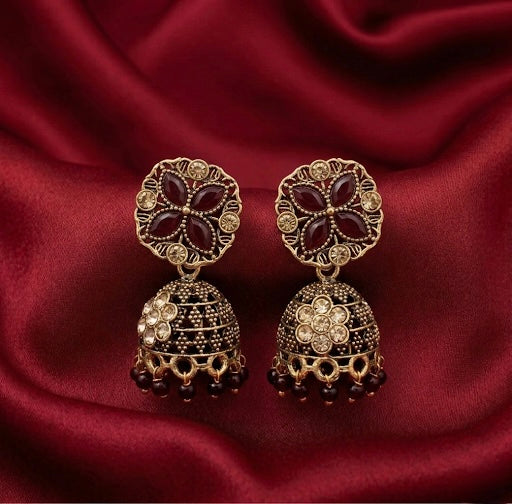 Traditional Maroon Stone Jhumkas