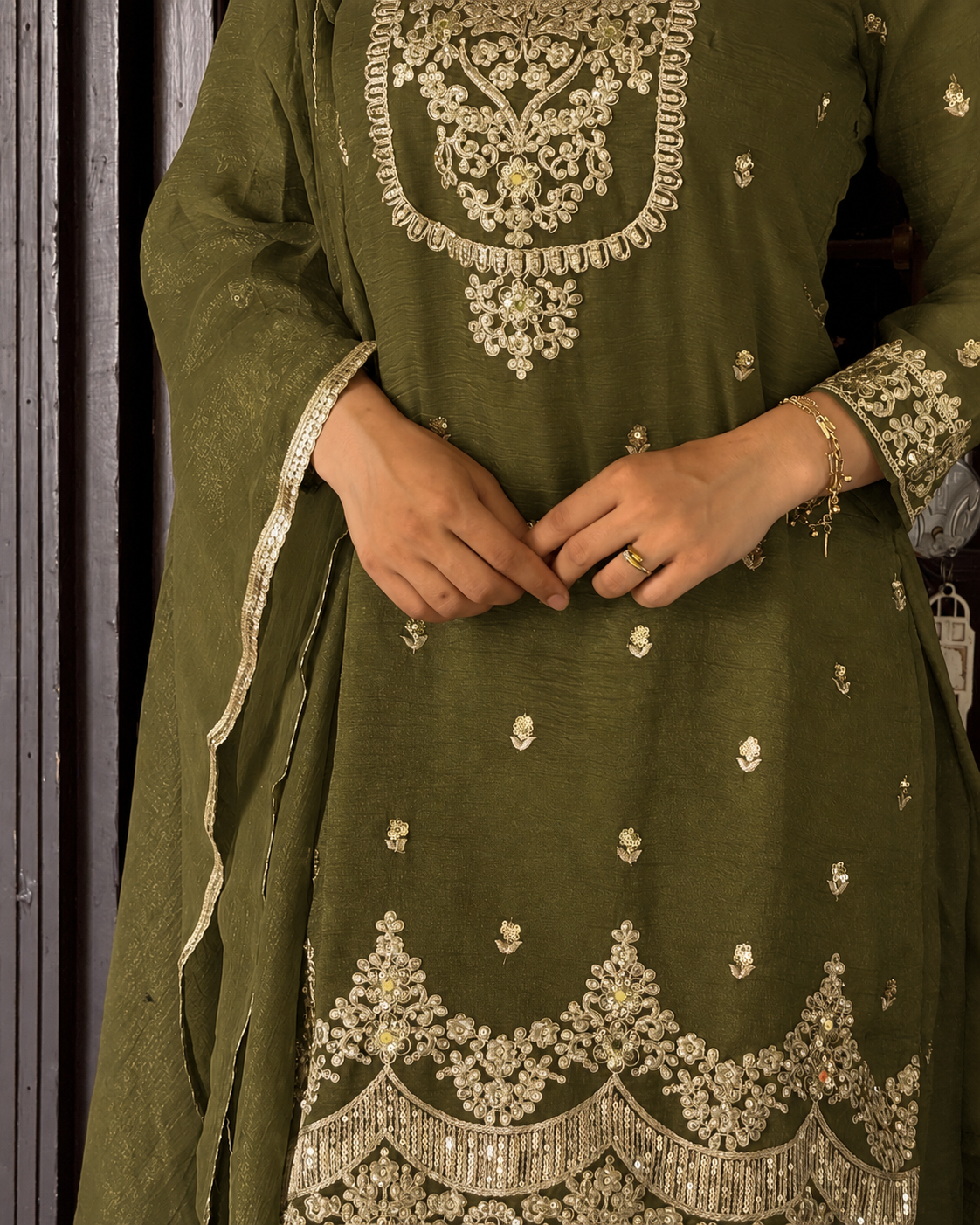 Heritage olive embroidered sharara set