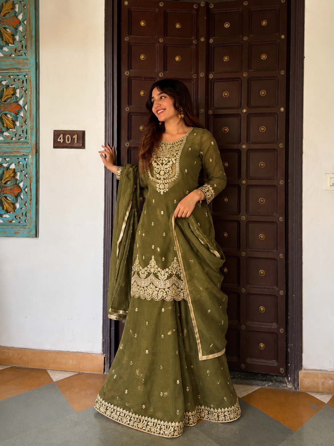 Heritage olive embroidered sharara set