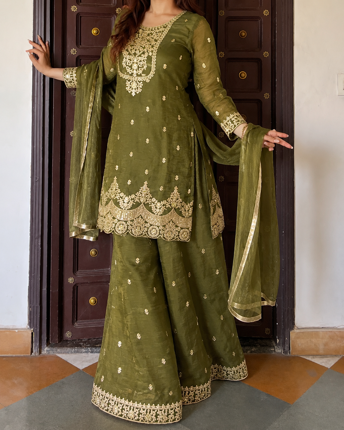 Heritage olive embroidered sharara set