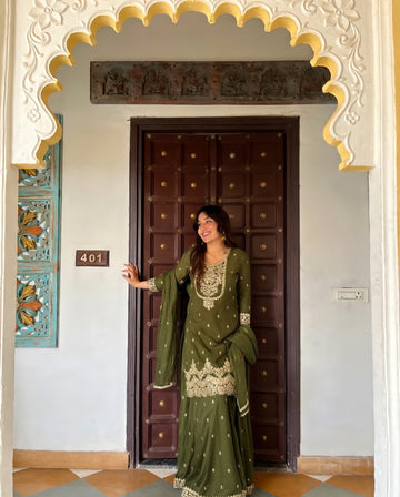 Heritage olive embroidered sharara set